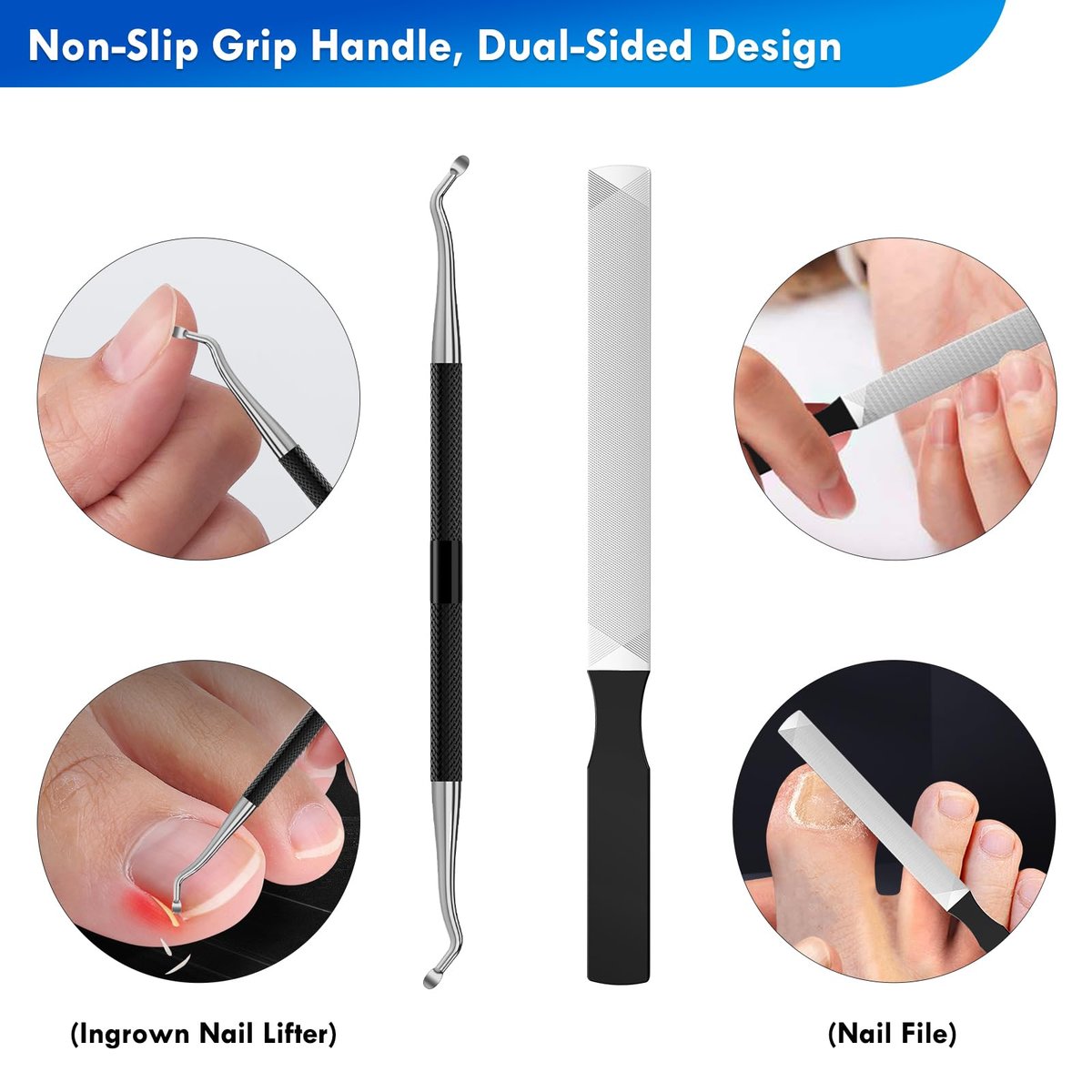 Professional Ingrown Toenail Tools Kit for Seniors – Wide Jaw Straight Nail Clippers & Large Angled Cutter for Heavy Duty Thick Toe Nails – Manicure Set for Men & Women (Extra Large, Black) Avelisse
