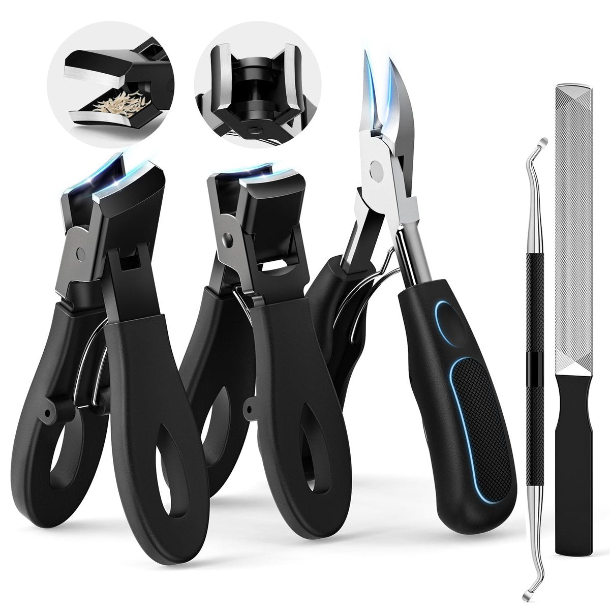 Professional Ingrown Toenail Tools Kit for Seniors – Wide Jaw Straight Nail Clippers & Large Angled Cutter for Heavy Duty Thick Toe Nails – Manicure Set for Men & Women (Extra Large, Black) Avelisse