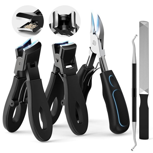 Professional Ingrown Toenail Tools Kit for Seniors – Wide Jaw Straight Nail Clippers & Large Angled Cutter for Heavy Duty Thick Toe Nails – Manicure Set for Men & Women (Extra Large, Black) Avelisse