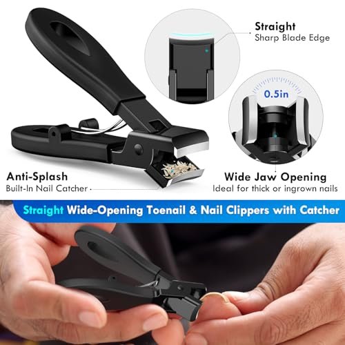 Professional Ingrown Toenail Tools Kit for Seniors – Wide Jaw Straight Nail Clippers & Large Angled Cutter for Heavy Duty Thick Toe Nails – Manicure Set for Men & Women (Extra Large, Black) Avelisse