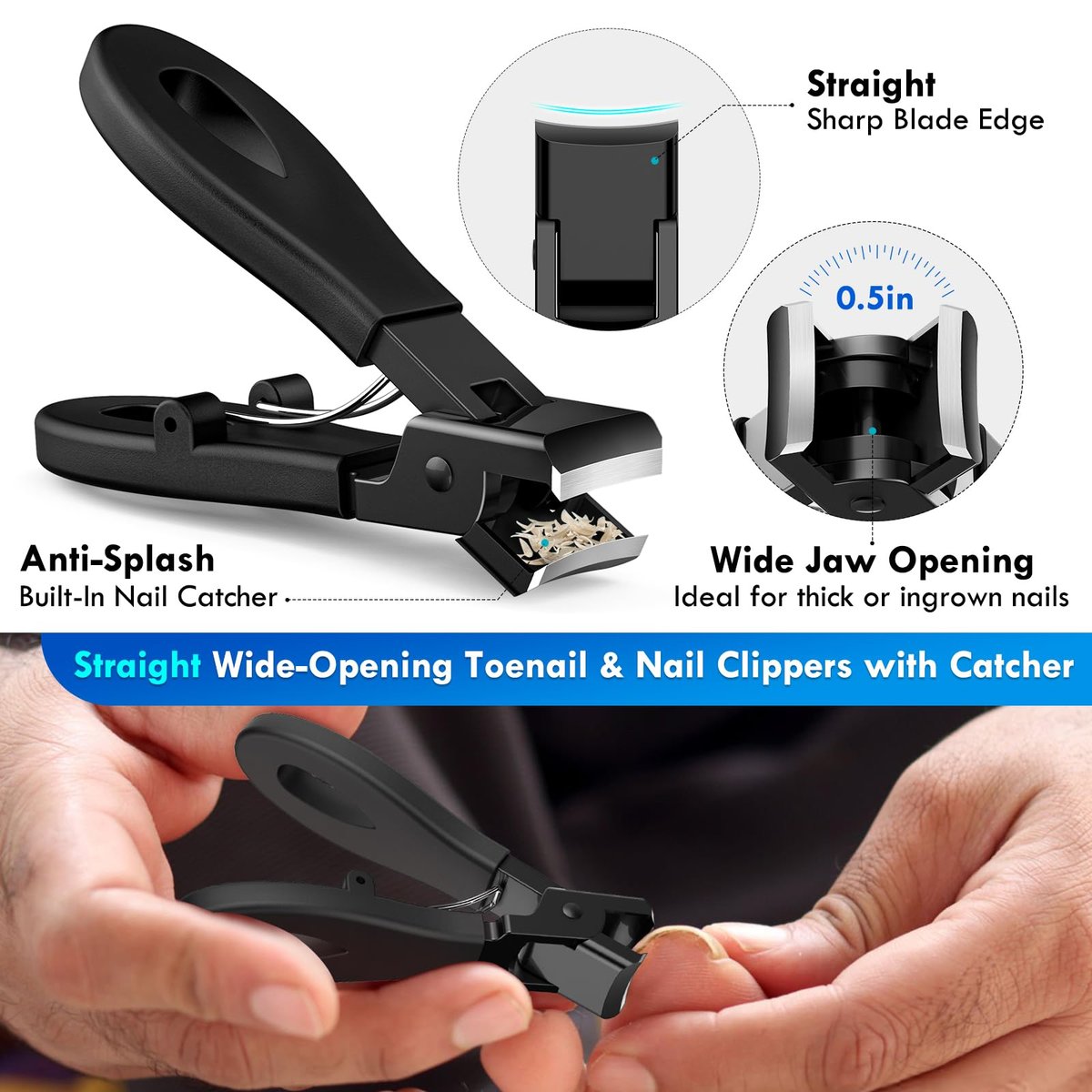 Professional Ingrown Toenail Tools Kit for Seniors – Wide Jaw Straight Nail Clippers & Large Angled Cutter for Heavy Duty Thick Toe Nails – Manicure Set for Men & Women (Extra Large, Black) Avelisse