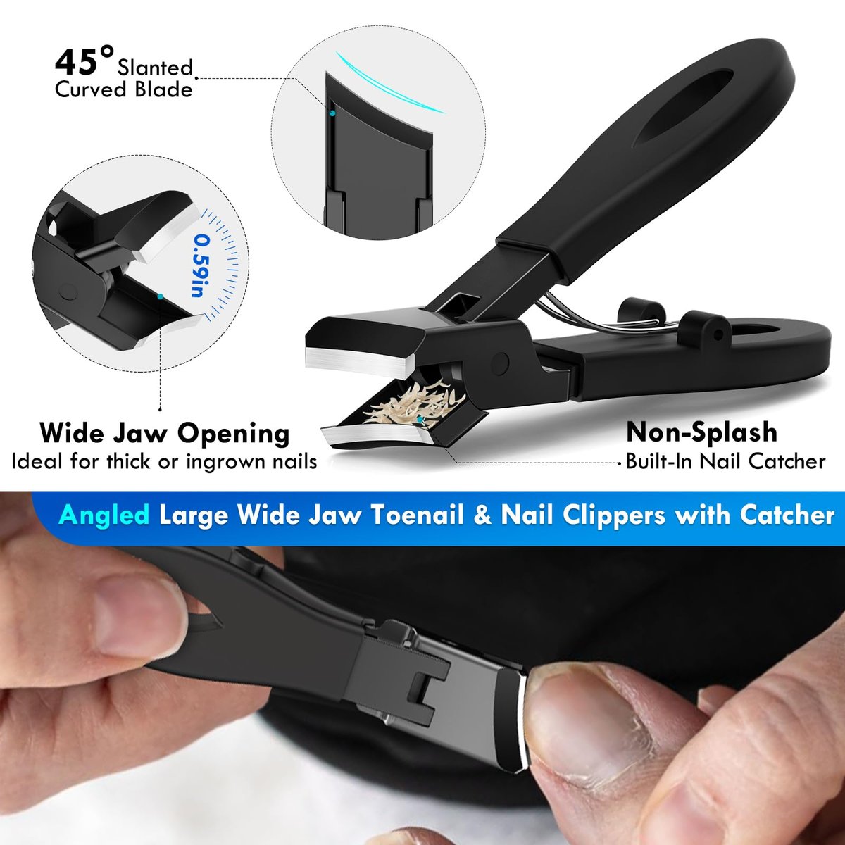 Professional Ingrown Toenail Tools Kit for Seniors – Wide Jaw Straight Nail Clippers & Large Angled Cutter for Heavy Duty Thick Toe Nails – Manicure Set for Men & Women (Extra Large, Black) Avelisse