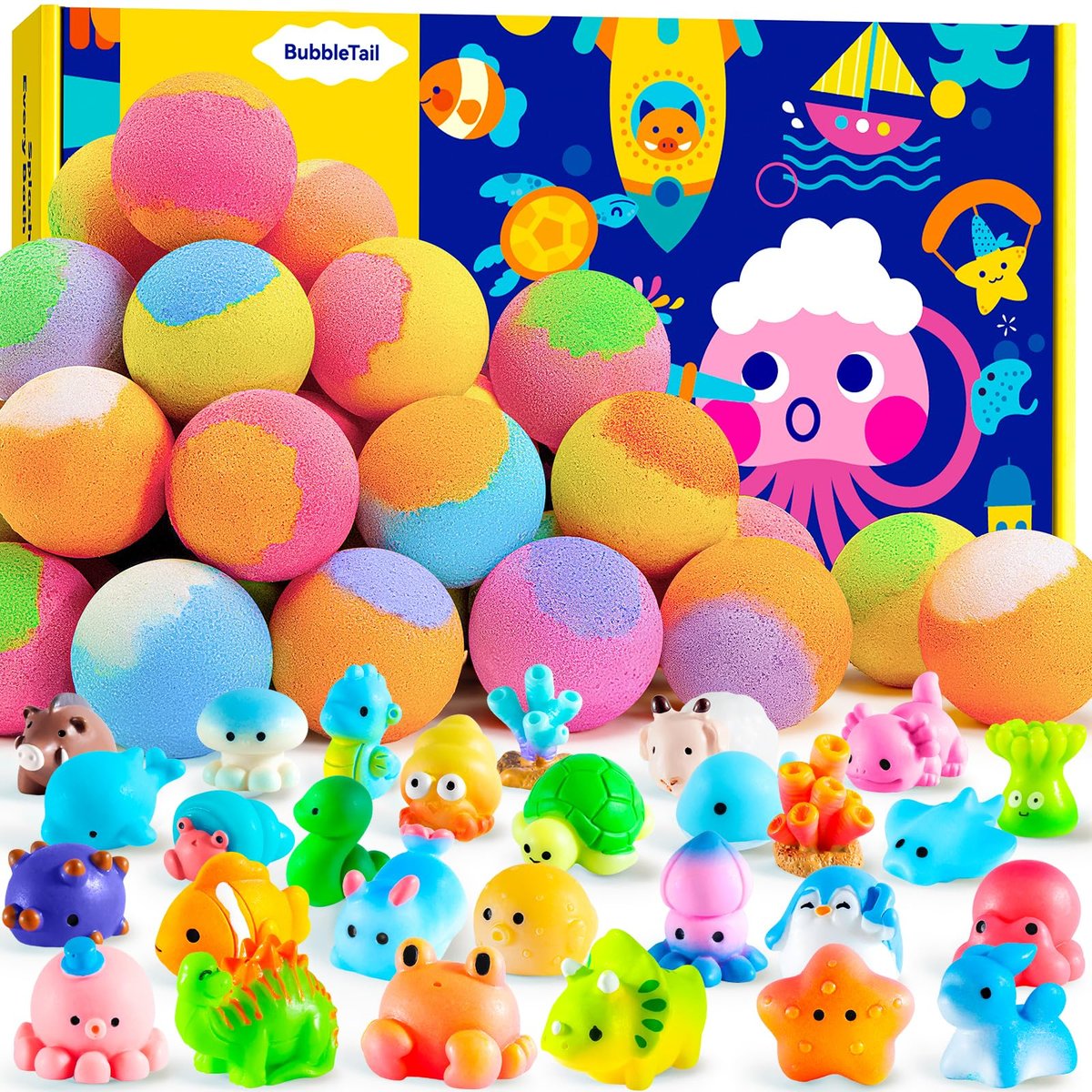 Bath Bombs for Kids with Surprise Inside – 28 Fun Fizzy Shower Bombs with Land & Sea Animal Toys, Non-Toxic, Birthday Party Favors & Stocking Stuffers for Girls and Boys Avelisse