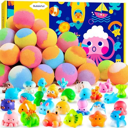 Bath Bombs for Kids with Surprise Inside – 28 Fun Fizzy Shower Bombs with Land & Sea Animal Toys, Non-Toxic, Birthday Party Favors & Stocking Stuffers for Girls and Boys Avelisse