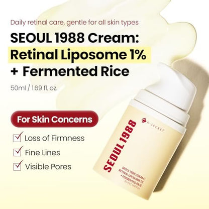 K-SECRET SEOUL 1988 Retinal Cream – Advanced Retinal Liposome 1% & Fermented Rice Extract for Fine Lines & Texture, Korean Skincare, 50ml Avelisse
