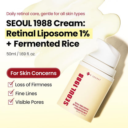 K-SECRET SEOUL 1988 Retinal Cream – Advanced Retinal Liposome 1% & Fermented Rice Extract for Fine Lines & Texture, Korean Skincare, 50ml Avelisse