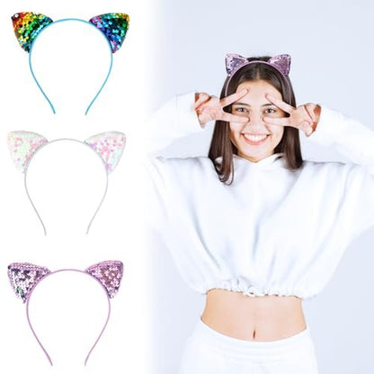 Qianyu 3 Pack Reversible Sequin Cat Ears Headband - Glitter Sparkly Cat Hairbands for Women and Girls
