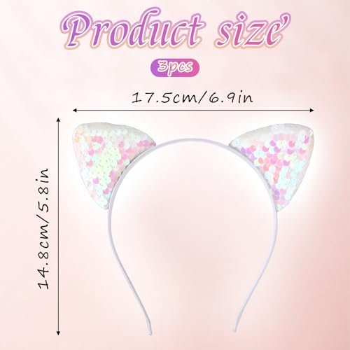 Qianyu 3 Pack Reversible Sequin Cat Ears Headband - Glitter Sparkly Cat Hairbands for Women and Girls - görsel 3