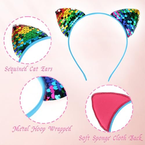 Qianyu 3 Pack Reversible Sequin Cat Ears Headband - Glitter Sparkly Cat Hairbands for Women and Girls - görsel 5