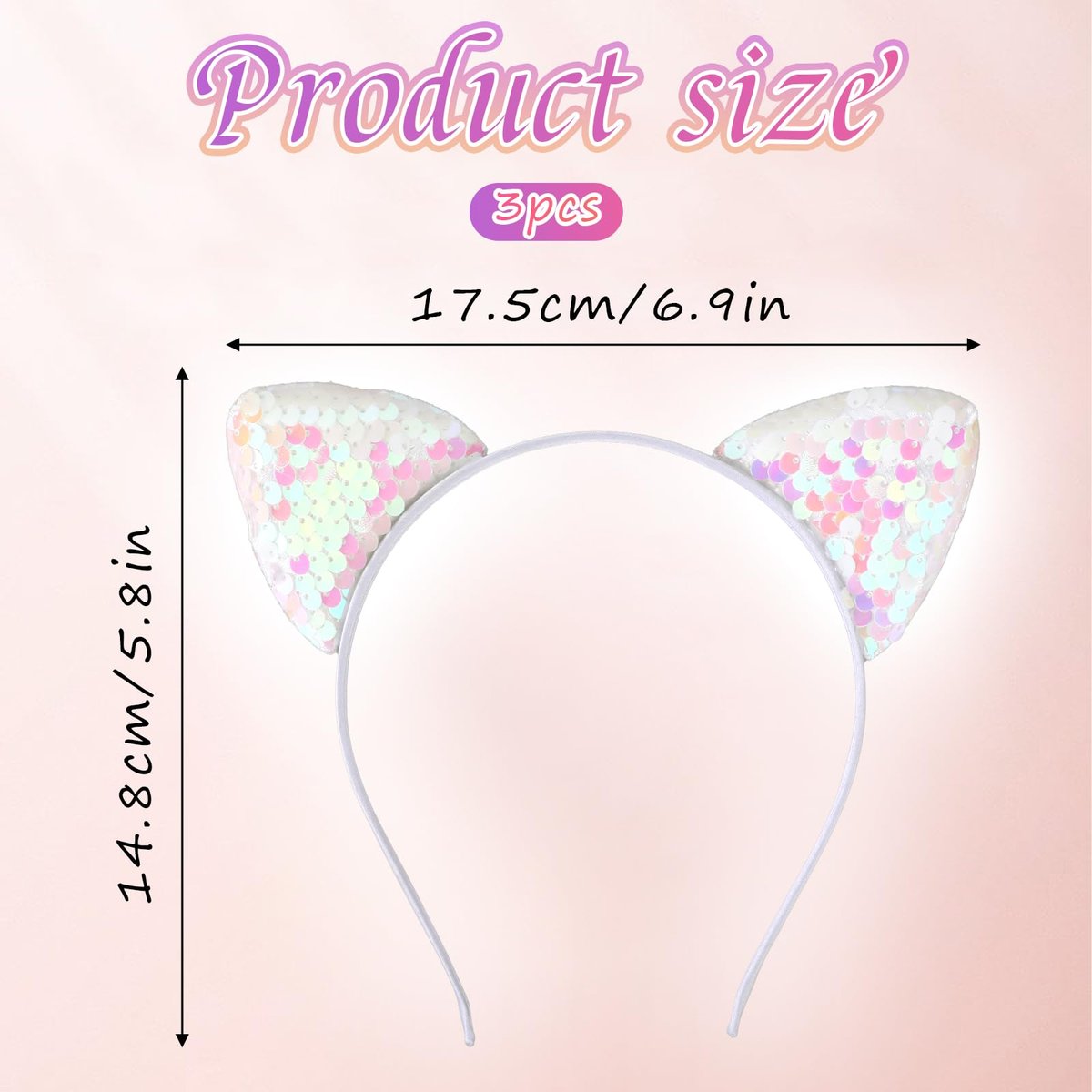 Qianyu 3 Pack Reversible Sequin Cat Ears Headband - Glitter Sparkly Cat Hairbands for Women and Girls - görsel 4