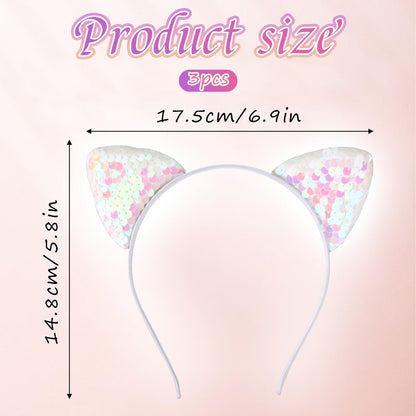 Qianyu 3 Pack Reversible Sequin Cat Ears Headband - Glitter Sparkly Cat Hairbands for Women and Girls