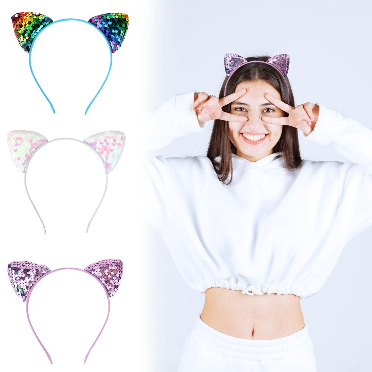 Qianyu 3 Pack Reversible Sequin Cat Ears Headband - Glitter Sparkly Cat Hairbands for Women and Girls - görsel 14