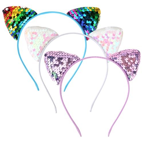 Qianyu 3 Pack Reversible Sequin Cat Ears Headband - Glitter Sparkly Cat Hairbands for Women and Girls - görsel 1