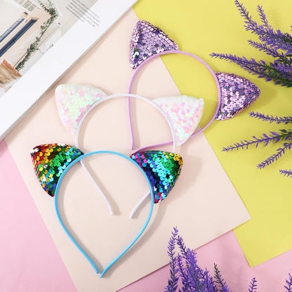 Qianyu 3 Pack Reversible Sequin Cat Ears Headband - Glitter Sparkly Cat Hairbands for Women and Girls