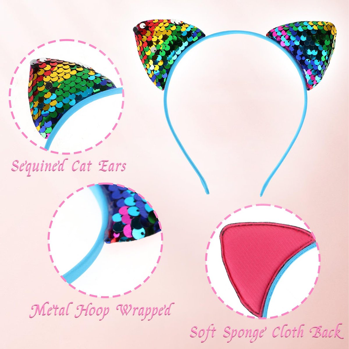 Qianyu 3 Pack Reversible Sequin Cat Ears Headband - Glitter Sparkly Cat Hairbands for Women and Girls - görsel 6