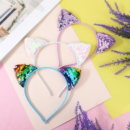 Qianyu 3 Pack Reversible Sequin Cat Ears Headband - Glitter Sparkly Cat Hairbands for Women and Girls