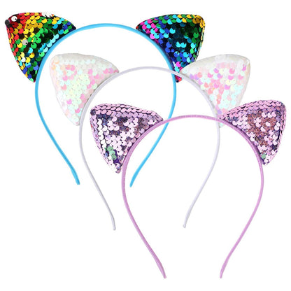 Qianyu 3 Pack Reversible Sequin Cat Ears Headband - Glitter Sparkly Cat Hairbands for Women and Girls