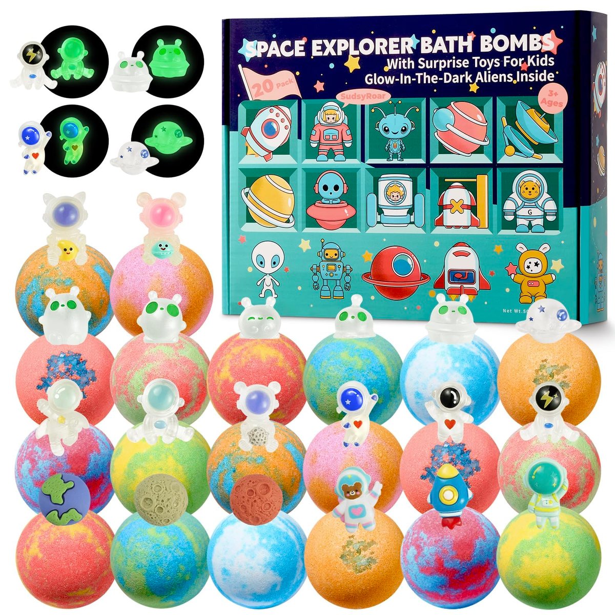 20 Pack Galaxy Bath Bombs for Kids with Space Explorer Toys - Cosmic Adventure Bath Bombs with Astronauts, Rockets, Planets & Glow-in-The-Dark Aliens Inside, End-of-School Year Gifts Avelisse