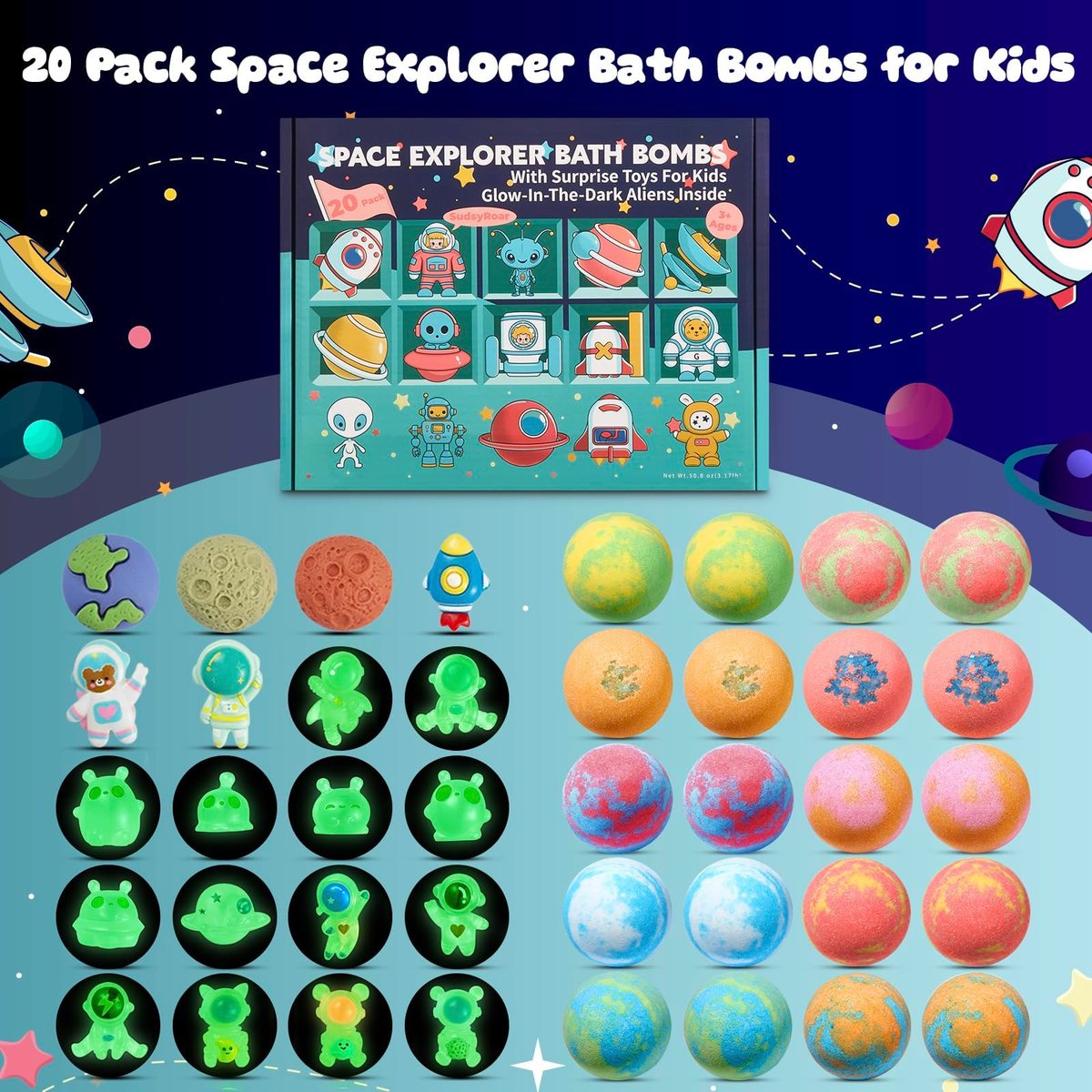 20 Pack Galaxy Bath Bombs for Kids with Space Explorer Toys - Cosmic Adventure Bath Bombs with Astronauts, Rockets, Planets & Glow-in-The-Dark Aliens Inside, End-of-School Year Gifts Avelisse