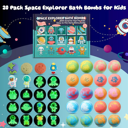20 Pack Galaxy Bath Bombs for Kids with Space Explorer Toys - Cosmic Adventure Bath Bombs with Astronauts, Rockets, Planets & Glow-in-The-Dark Aliens Inside, End-of-School Year Gifts Avelisse
