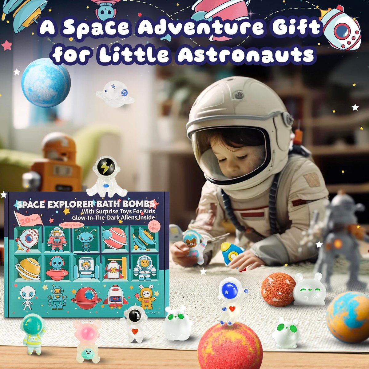 20 Pack Galaxy Bath Bombs for Kids with Space Explorer Toys - Cosmic Adventure Bath Bombs with Astronauts, Rockets, Planets & Glow-in-The-Dark Aliens Inside, End-of-School Year Gifts Avelisse