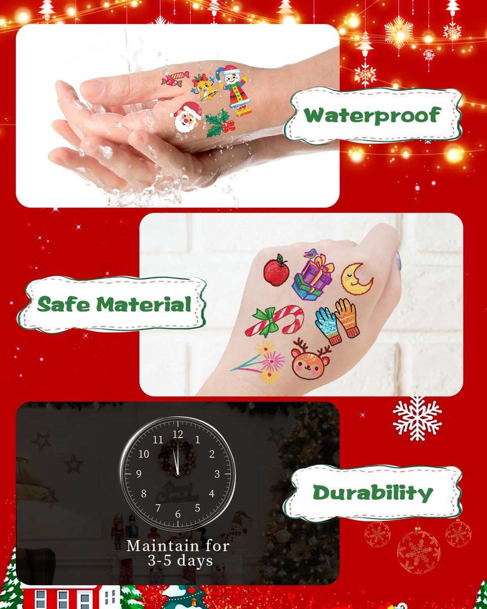 Greingways 180 Styles Christmas Temporary Tattoos for Kids - Party Favors, Stocking Stuffers, Non-Luminous Stickers - görsel 9