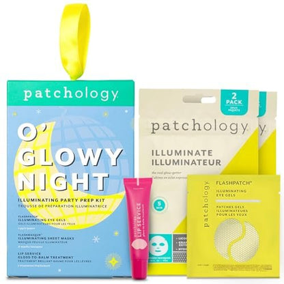 Patchology O' Glowy Night: Party Prep Set - Brightening Face, Eye & Lip Masks for Instant Glow, Vitamin C Sheet Mask, Under Eye Patches plus Rose Lip Mask with Resveratrol
