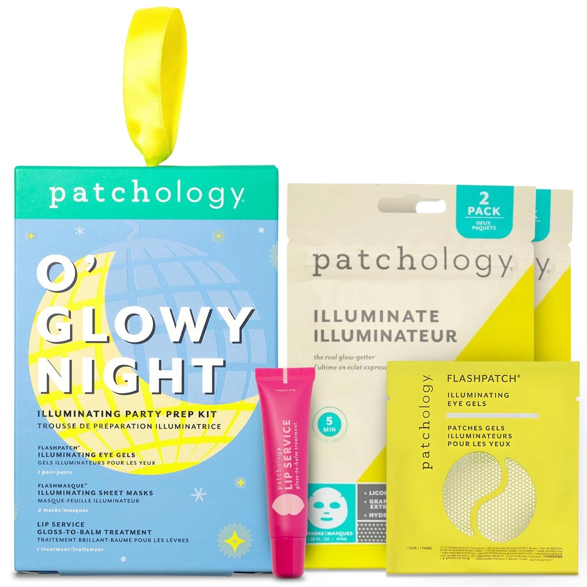 Patchology O' Glowy Night: Party Prep Set - Brightening Face, Eye & Lip Masks for Instant Glow, Vitamin C Sheet Mask, Under Eye Patches plus Rose Lip Mask with Resveratrol - görsel 1