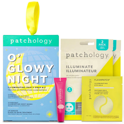 Patchology O' Glowy Night: Party Prep Set - Brightening Face, Eye & Lip Masks for Instant Glow, Vitamin C Sheet Mask, Under Eye Patches plus Rose Lip Mask with Resveratrol