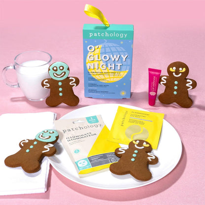 Patchology O' Glowy Night: Party Prep Set - Brightening Face, Eye & Lip Masks for Instant Glow, Vitamin C Sheet Mask, Under Eye Patches plus Rose Lip Mask with Resveratrol
