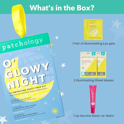 Patchology O' Glowy Night: Party Prep Set - Brightening Face, Eye & Lip Masks for Instant Glow, Vitamin C Sheet Mask, Under Eye Patches plus Rose Lip Mask with Resveratrol
