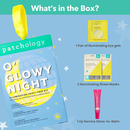 Patchology O' Glowy Night: Party Prep Set - Brightening Face, Eye & Lip Masks for Instant Glow, Vitamin C Sheet Mask, Under Eye Patches plus Rose Lip Mask with Resveratrol
