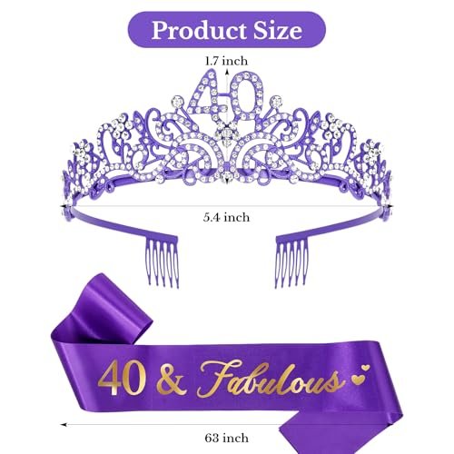 Ondder Purple 40th Birthday Tiara and Sash for Women - 40 & Fabulous Crown Set - Fashion Headband - Costume Circlet (2 Count) - görsel 4