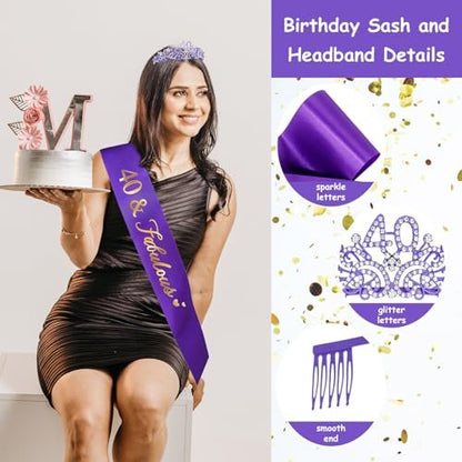 Ondder Purple 40th Birthday Tiara and Sash for Women - 40 & Fabulous Crown Set - Fashion Headband - Costume Circlet (2 Count)