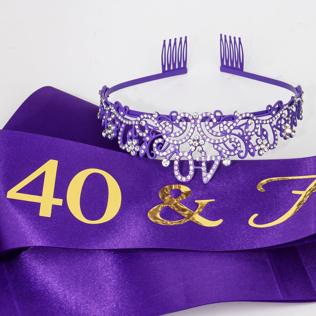 Ondder Purple 40th Birthday Tiara and Sash for Women - 40 & Fabulous Crown Set - Fashion Headband - Costume Circlet (2 Count) - görsel 13