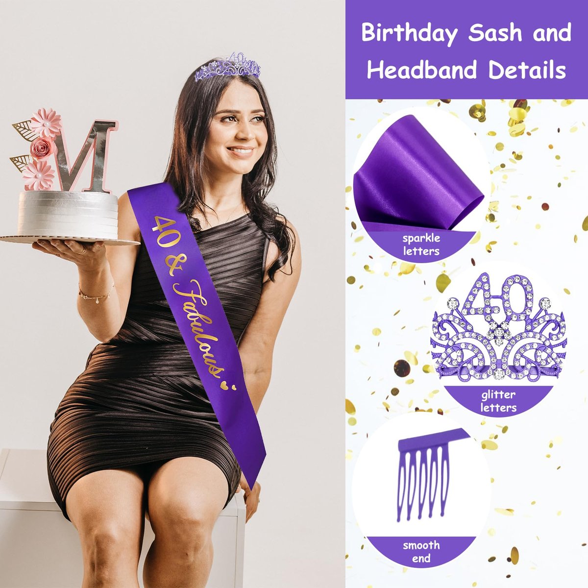 Ondder Purple 40th Birthday Tiara and Sash for Women - 40 & Fabulous Crown Set - Fashion Headband - Costume Circlet (2 Count) - görsel 5