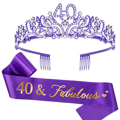 Ondder Purple 40th Birthday Tiara and Sash for Women - 40 & Fabulous Crown Set - Fashion Headband - Costume Circlet (2 Count)