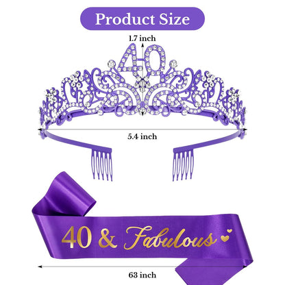 Ondder Purple 40th Birthday Tiara and Sash for Women - 40 & Fabulous Crown Set - Fashion Headband - Costume Circlet (2 Count)