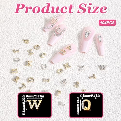 104 Pcs Rhinestone Letters Nail Studs - Alphabet Nail Charms in Silver & Gold for Y2K Nail Art, Manicure Supplies - görsel 4