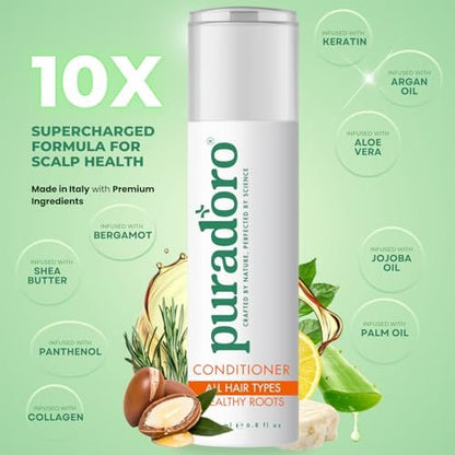 Puradoro Conditioner for All Hair Types & Healthy Roots – Hydrates & Strengthens with Argan, Jojoba & Keratin, Infused with Shea Butter & Aloe Vera