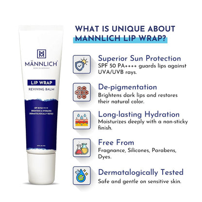 Mannlich Lip Balm for Men with SPF 50 PA++++ & 2% Kojic Acid – Moisturizing Lip Care for Dry & Chapped Lips, 10g