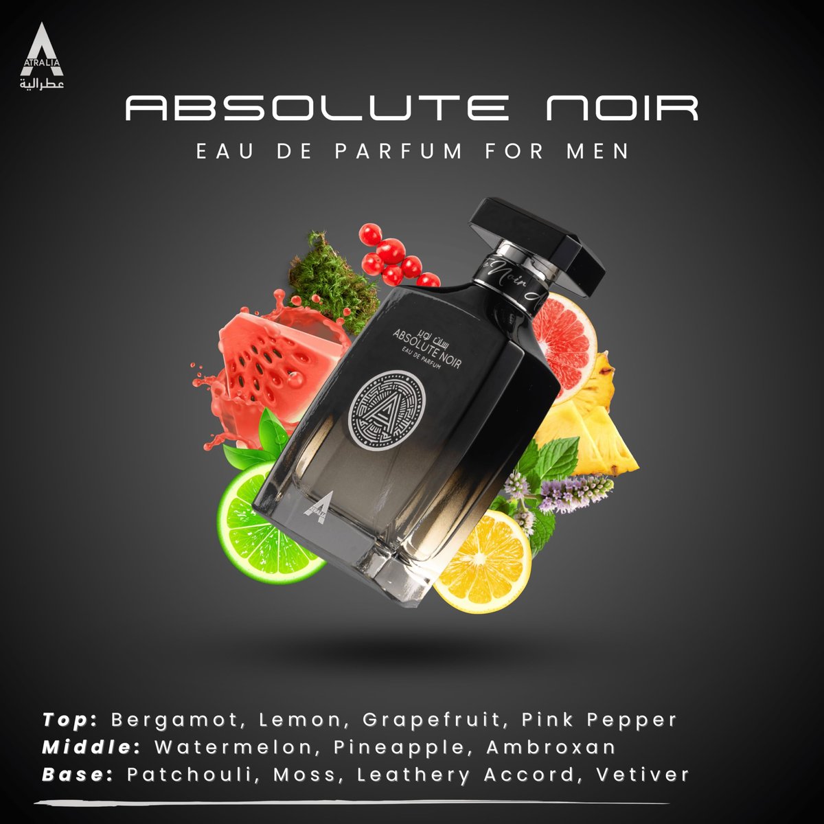 Atralia Absolute Noir Eau De Parfum for Men 100ml 3.4oz – Long-Lasting Luxury Fragrance with Bergamot, Lemon, Grapefruit & Pink Pepper Avelisse