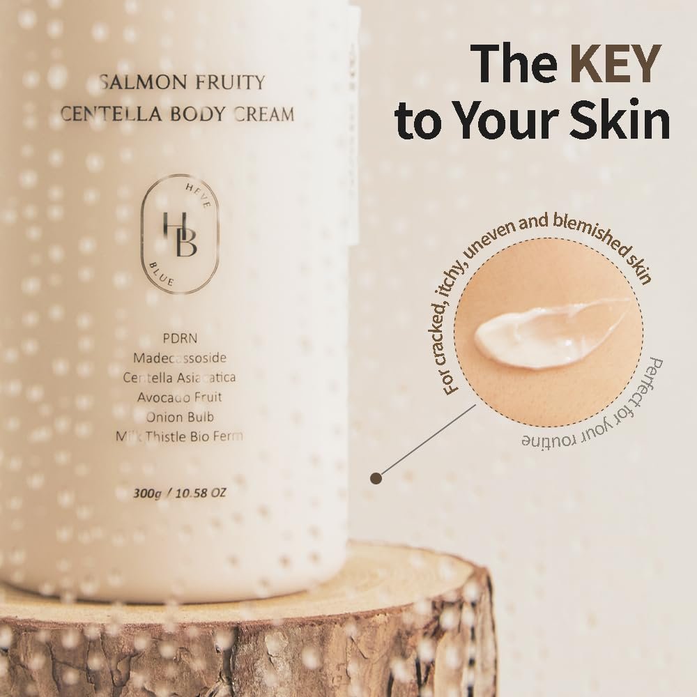 HEVEBLUE Salmon Fruity Centella Body Cream – Hypoallergenic Korean Moisturizer for Sensitive & Itchy Skin, PDRN & K-Beauty Bodycare, 10.14 Fl Oz Avelisse