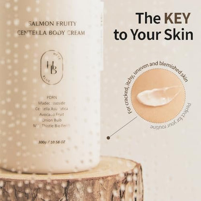HEVEBLUE Salmon Fruity Centella Body Cream – Hypoallergenic Korean Moisturizer for Sensitive & Itchy Skin, PDRN & K-Beauty Bodycare, 10.14 Fl Oz Avelisse