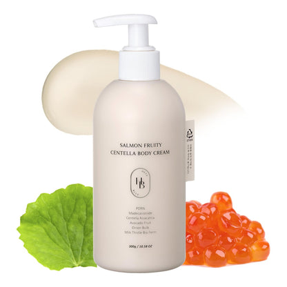 HEVEBLUE Salmon Fruity Centella Body Cream – Hypoallergenic Korean Moisturizer for Sensitive & Itchy Skin, PDRN & K-Beauty Bodycare, 10.14 Fl Oz Avelisse