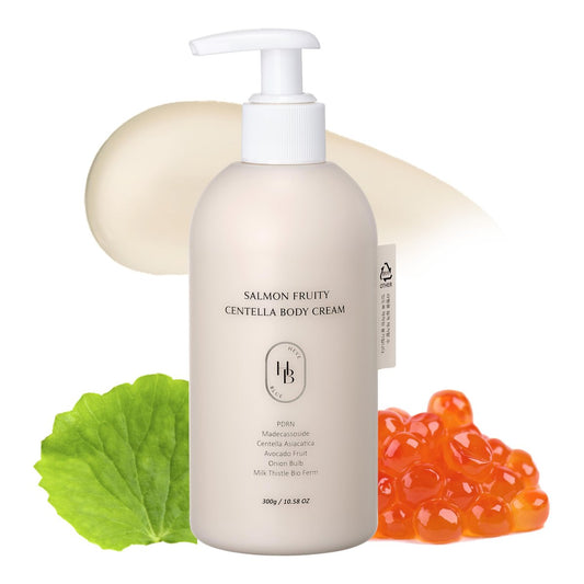 HEVEBLUE Salmon Fruity Centella Body Cream – Hypoallergenic Korean Moisturizer for Sensitive & Itchy Skin, PDRN & K-Beauty Bodycare, 10.14 Fl Oz Avelisse