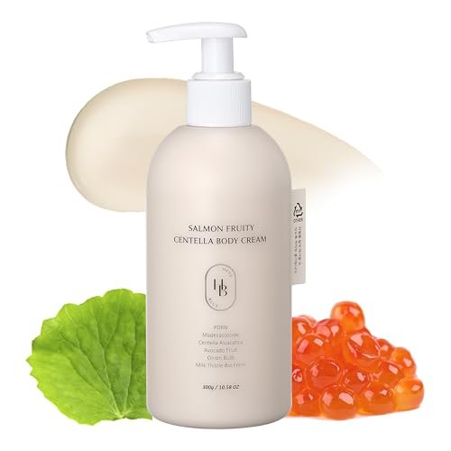 HEVEBLUE Salmon Fruity Centella Body Cream – Hypoallergenic Korean Moisturizer for Sensitive & Itchy Skin, PDRN & K-Beauty Bodycare, 10.14 Fl Oz Avelisse