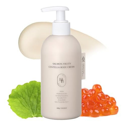 HEVEBLUE Salmon Fruity Centella Body Cream – Hypoallergenic Korean Moisturizer for Sensitive & Itchy Skin, PDRN & K-Beauty Bodycare, 10.14 Fl Oz Avelisse