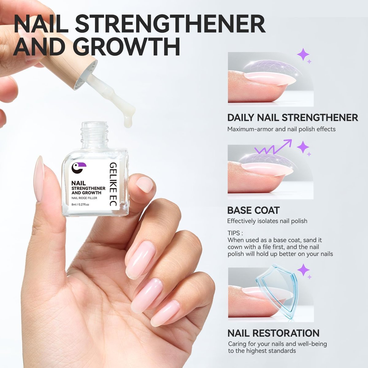 Gelike ec 8 in 1 Nail Ridge Filler for Damaged Nails – Strengthener, Growth & Top Coat in One Milky White Treatment Avelisse