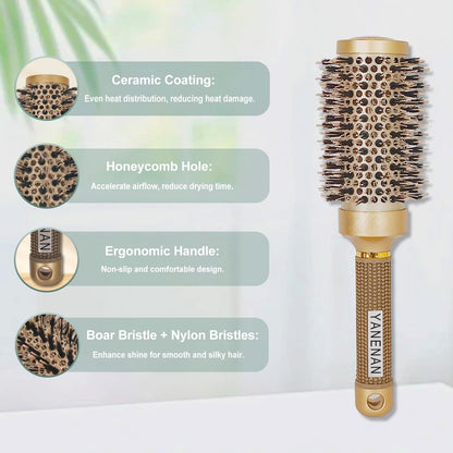 Professional Boar Bristle Round Brush for Blow Out – Nano Thermal Ceramic & Ionic Hair Brush for Voluminous Curls and Smooth Blow Drying (1.7 Inch Barrel, 45mm)